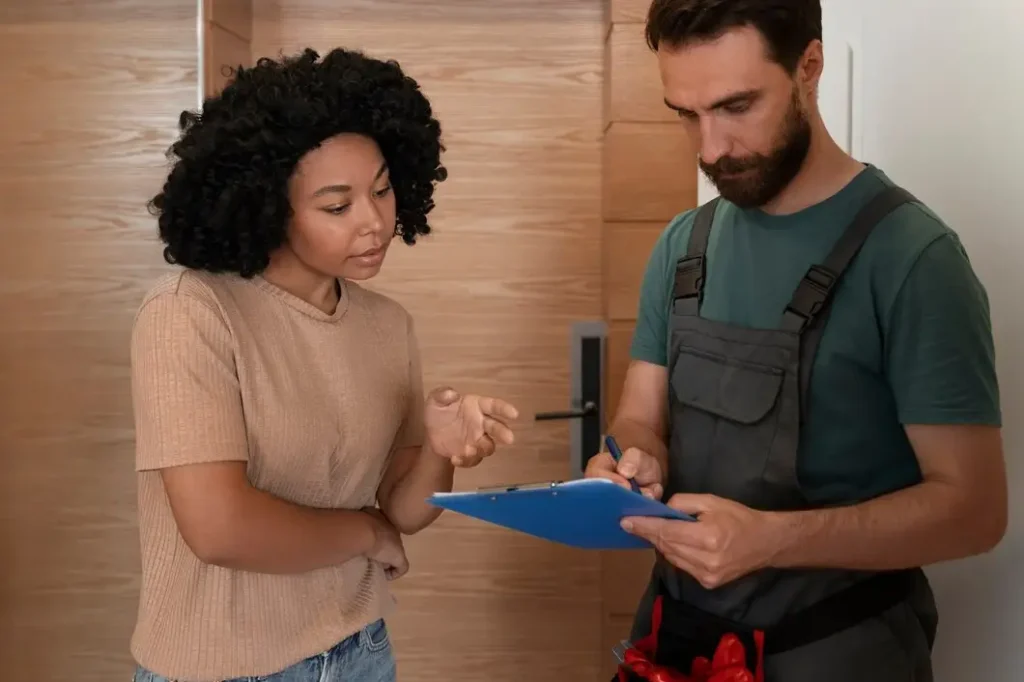 Woman discussing maintenance issues with a maintenance worker, holding a clipboard, in a residential setting, reflecting tenant rights and landlord responsibilities in Allandale.
