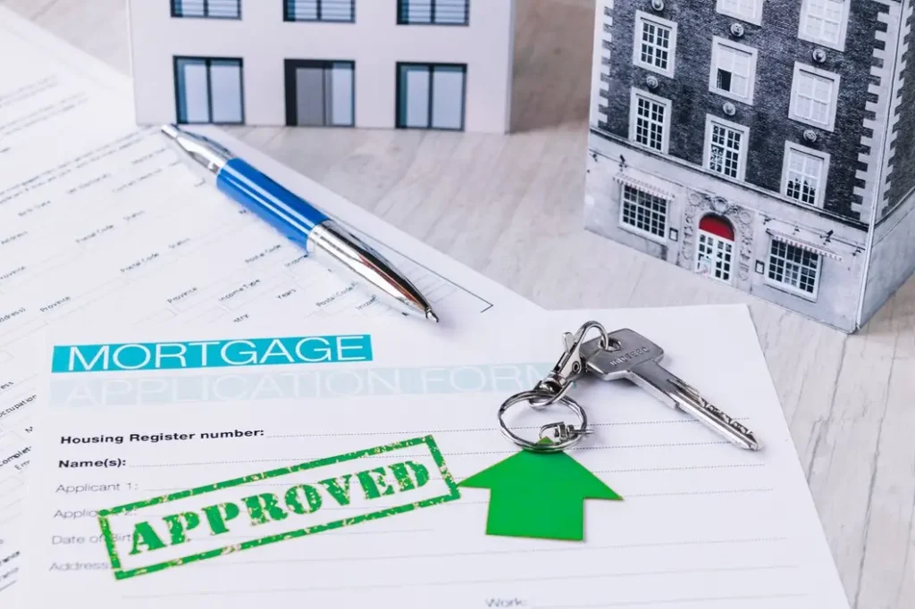 Mortgage application form with "APPROVED" stamp, keys, and pen, symbolizing tenant rights and housing security in Avery Ranch.