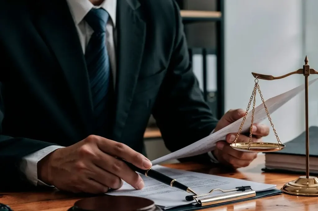 Lawyer reviewing lease documents with scale of justice, symbolizing legal services for landlords and tenants in Hunt County, Texas.