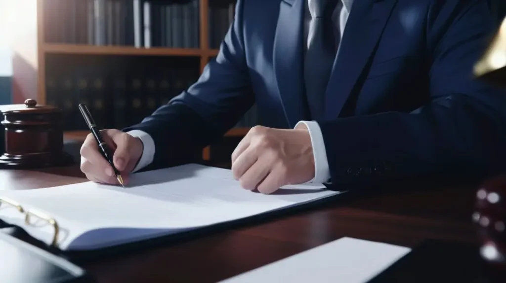 Lawyer in a suit signing legal documents at a desk, representing tenant law services in Montgomery County.