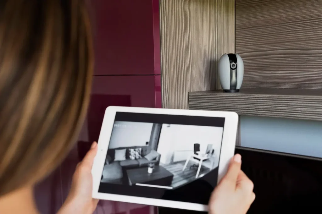Person using a tablet to monitor a home security camera, showcasing tenant safety and surveillance technology in a modern living space.