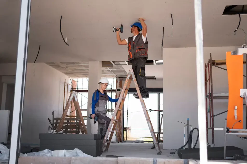 Two construction workers on ladders in a commercial space, one installing fixtures on the ceiling and the other assisting, highlighting tenant rights related to safe living conditions and necessary repairs in Wilson County.