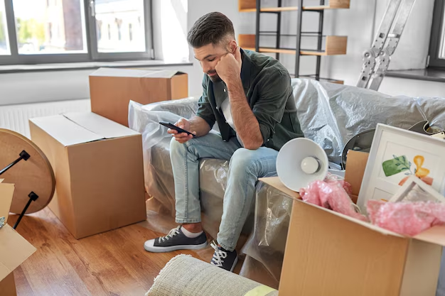 Man sitting on a couch surrounded by moving boxes and packing materials, looking at a smartphone, reflecting concerns about tenant rights and lease disputes in a new home.