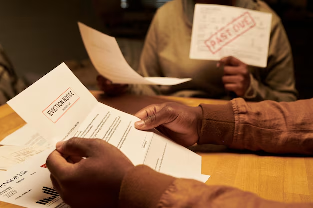 Hands holding eviction notice and past due bills, illustrating tenant legal issues and financial distress related to housing in Charlotte, TX.