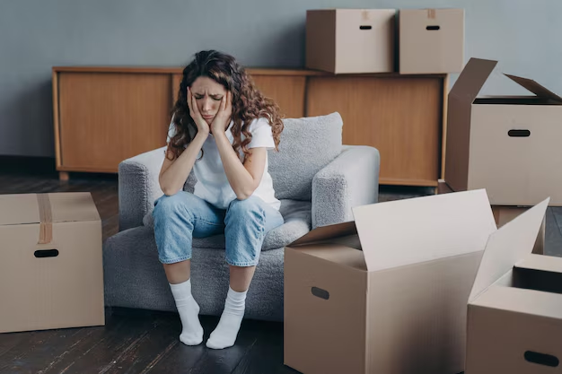 Woman sitting on a couch with a distressed expression, surrounded by moving boxes, illustrating tenant stress and challenges related to housing issues in Canyon Lake.
