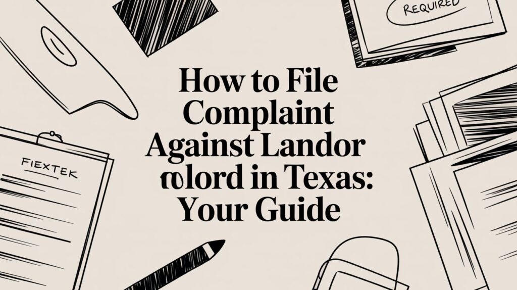 How to file a complaint against landlord in Texas guide with illustrated documents and stationery.