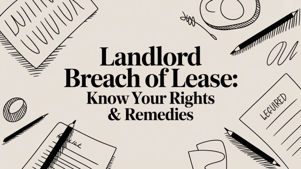 Landlord breach of lease graphic illustrating tenant rights and remedies, featuring handwritten text and various office supplies.