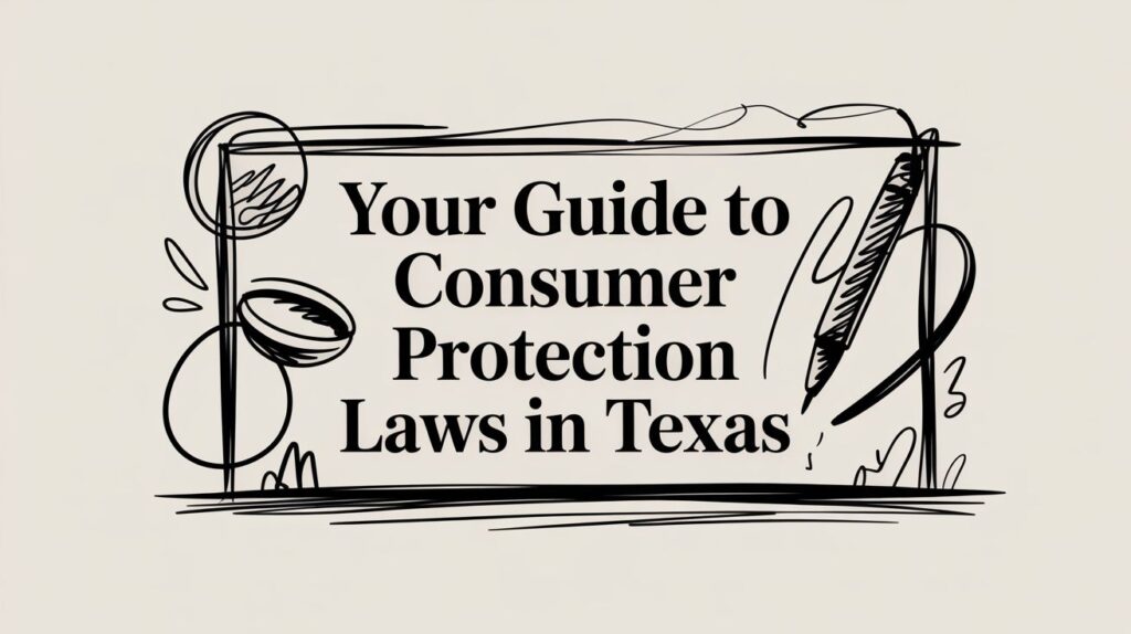 Your Guide to Consumer Protection Laws in Texas, illustrated with decorative elements, highlighting tenant rights and legal resources in Texas.