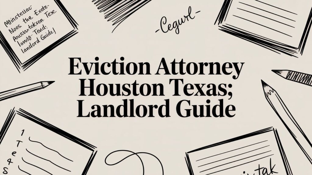 Eviction Attorney Houston Texas; Landlord Guide graphic with illustrations of pens and notepads, emphasizing landlord rights and legal resources.