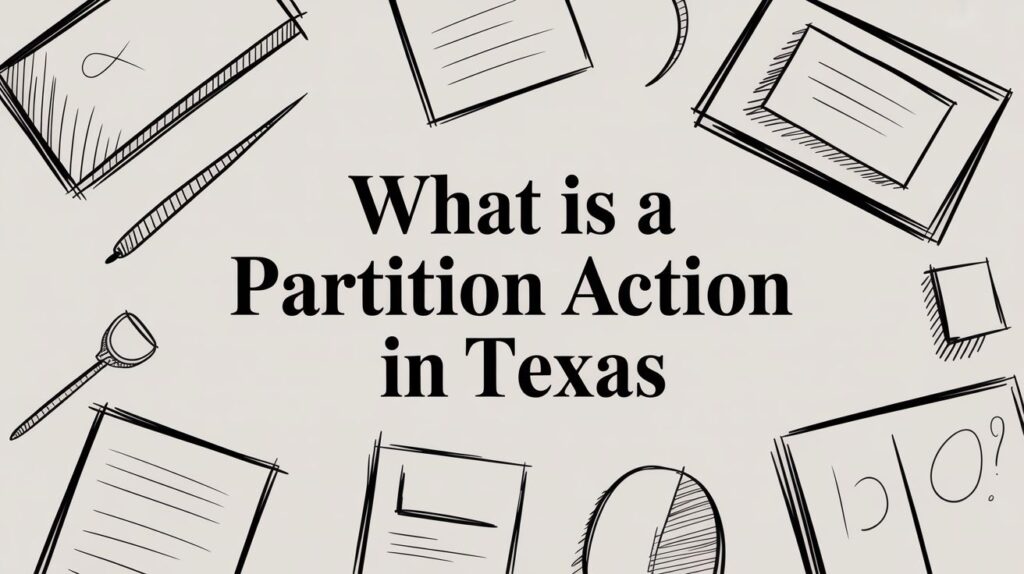 What is a Partition Action in Texas graphic with illustrated legal documents and tools, relevant to Texas tenant rights and property disputes.