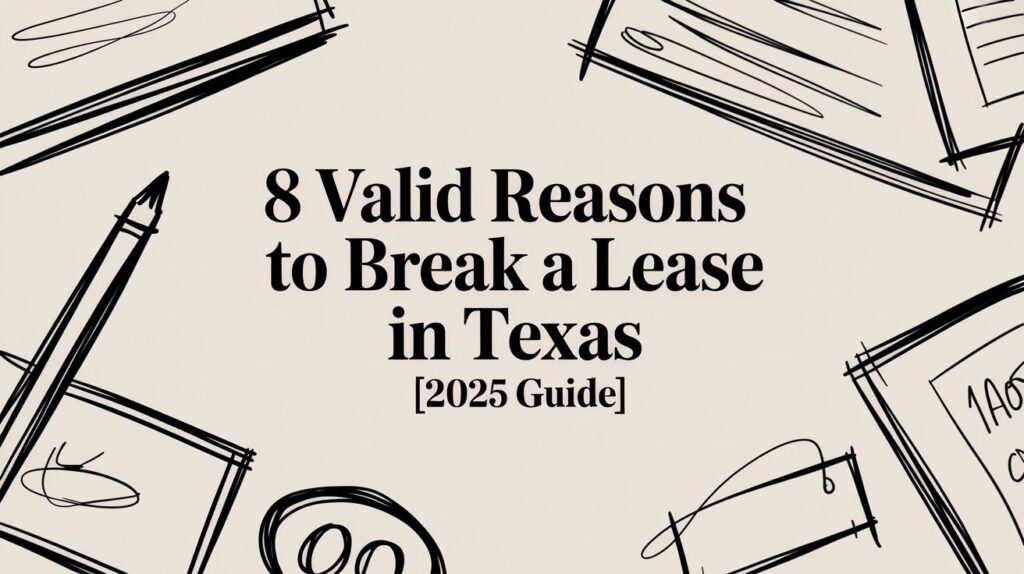 8 valid reasons to break a lease in Texas guide with illustrative sketches of pens and papers, emphasizing tenant rights and lease termination.