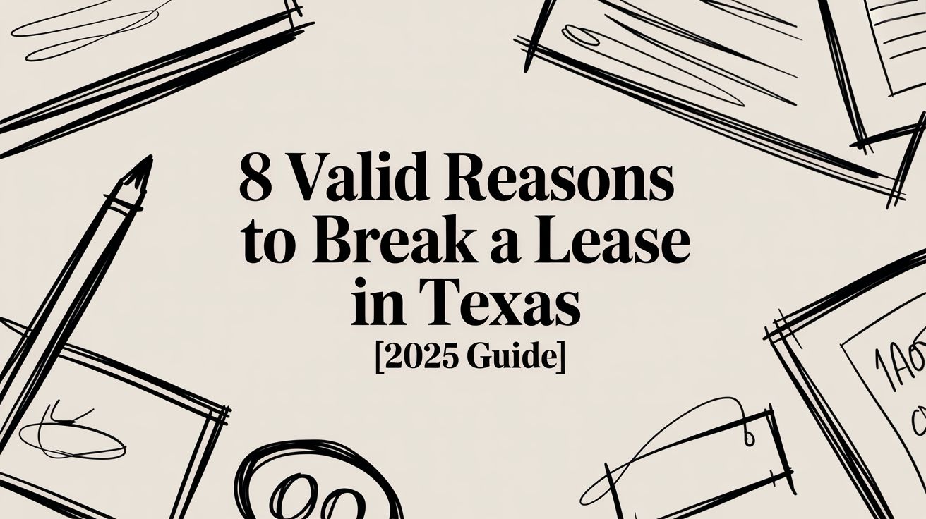 Graphic design featuring the title "8 Valid Reasons to Break a Lease in Texas [2025 Guide]" with decorative elements like a pen and paper, emphasizing tenant rights and legal guidance in Texas.