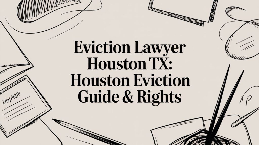 Eviction lawyer graphic featuring text "Eviction Lawyer Houston TX: Houston Eviction Guide & Rights" with legal-themed illustrations, relevant to landlord-tenant law in Houston.