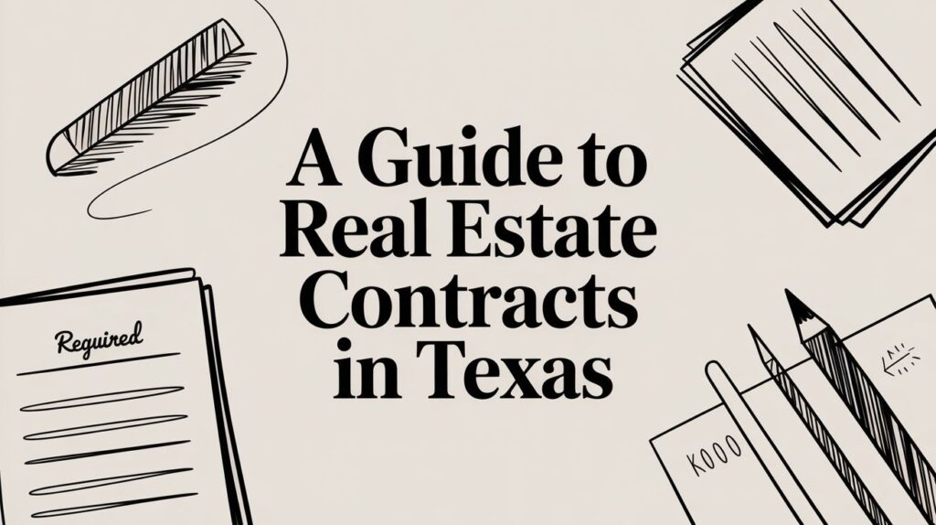 A Guide to Real Estate Contracts in Texas featuring illustrated documents and writing tools, relevant to tenant rights and lease agreements.