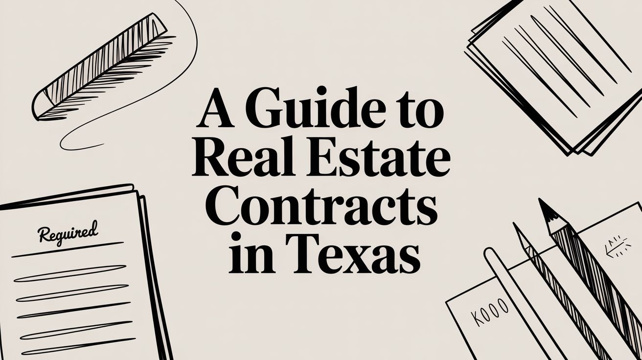 A Guide to Real Estate Contracts in Texas with illustrated legal documents and writing tools, emphasizing tenant rights and rental agreements.