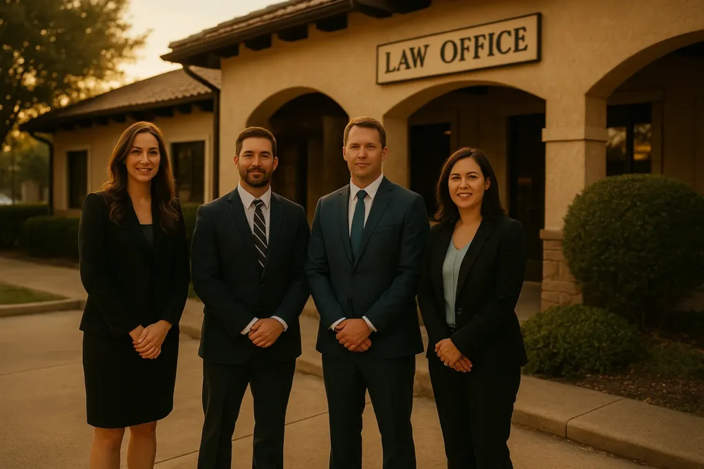 Four legal professionals standing outside a law office, featuring a sign that reads "LAW OFFICE," representing Texas Tenant Lawyers in San Antonio, specializing in family law, divorce, and estate planning.