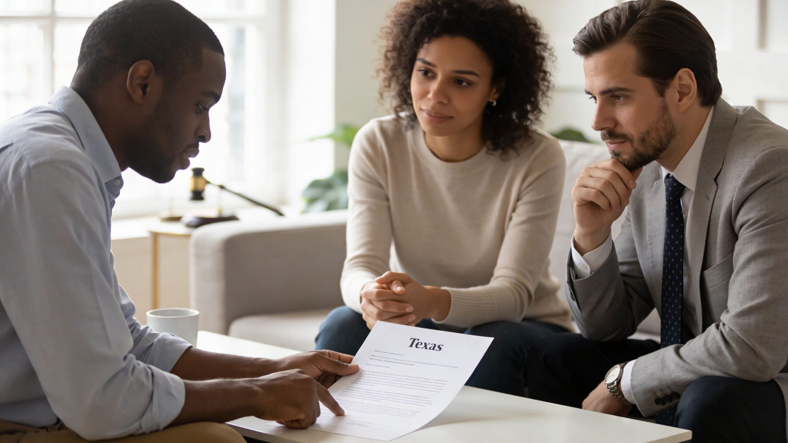 A couple discussing legal documents with their professional lawyer in an office setting for guidance.