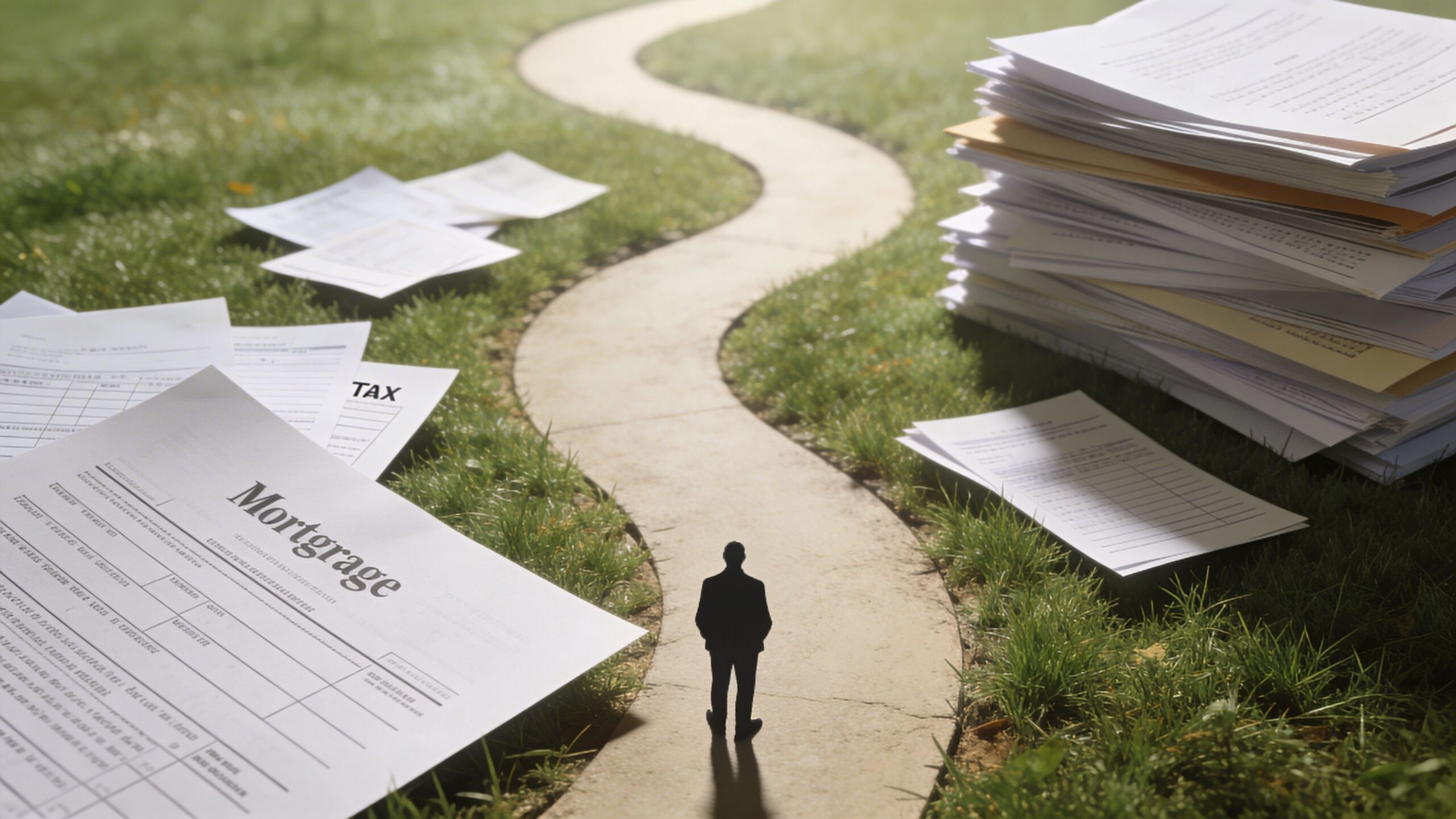 A silhouette of a businessman standing on a path surrounded by mortgage and tax documents.