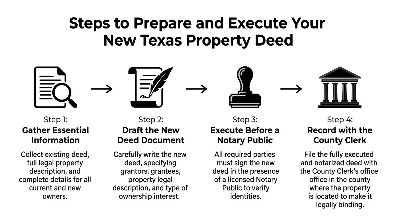 A four-step infographic illustrating the process of preparing and executing a new Texas property deed.
