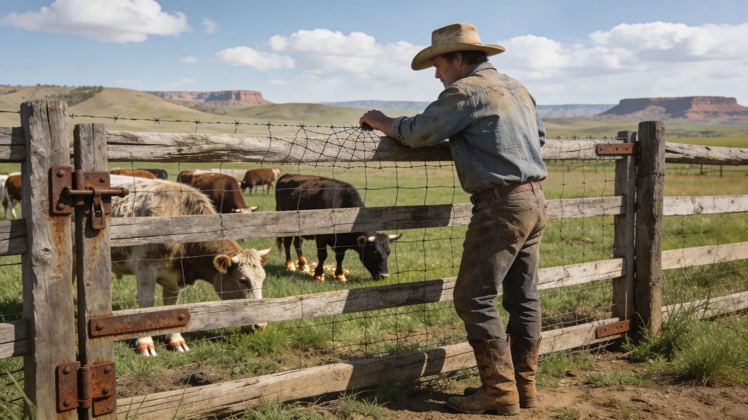 A cowboy in a hat and denim shirt leans against a weathered wooden fence watching his grazing cattle.