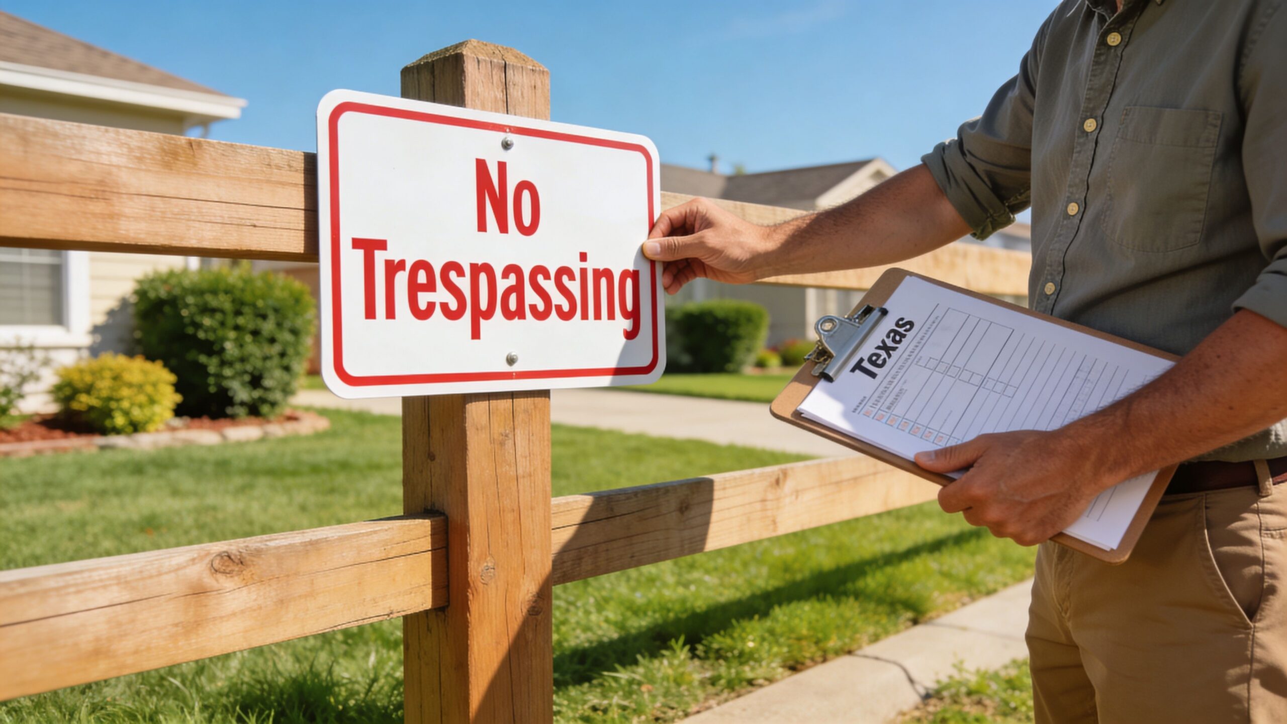 A person placing a no trespassing sign on a wooden fence while holding a Texas legal clipboard.