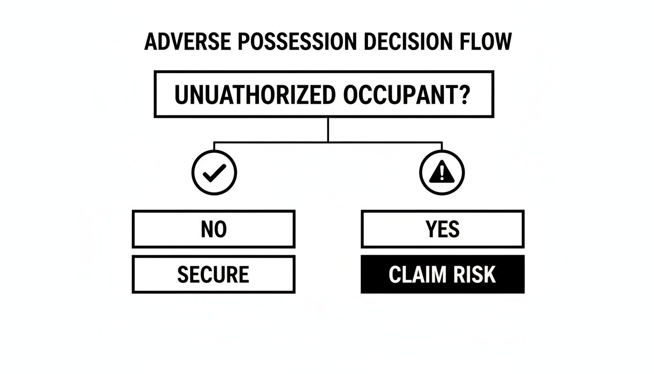 Flowchart illustrating adverse possession decision flow, determining claim risk for unauthorized occupants.