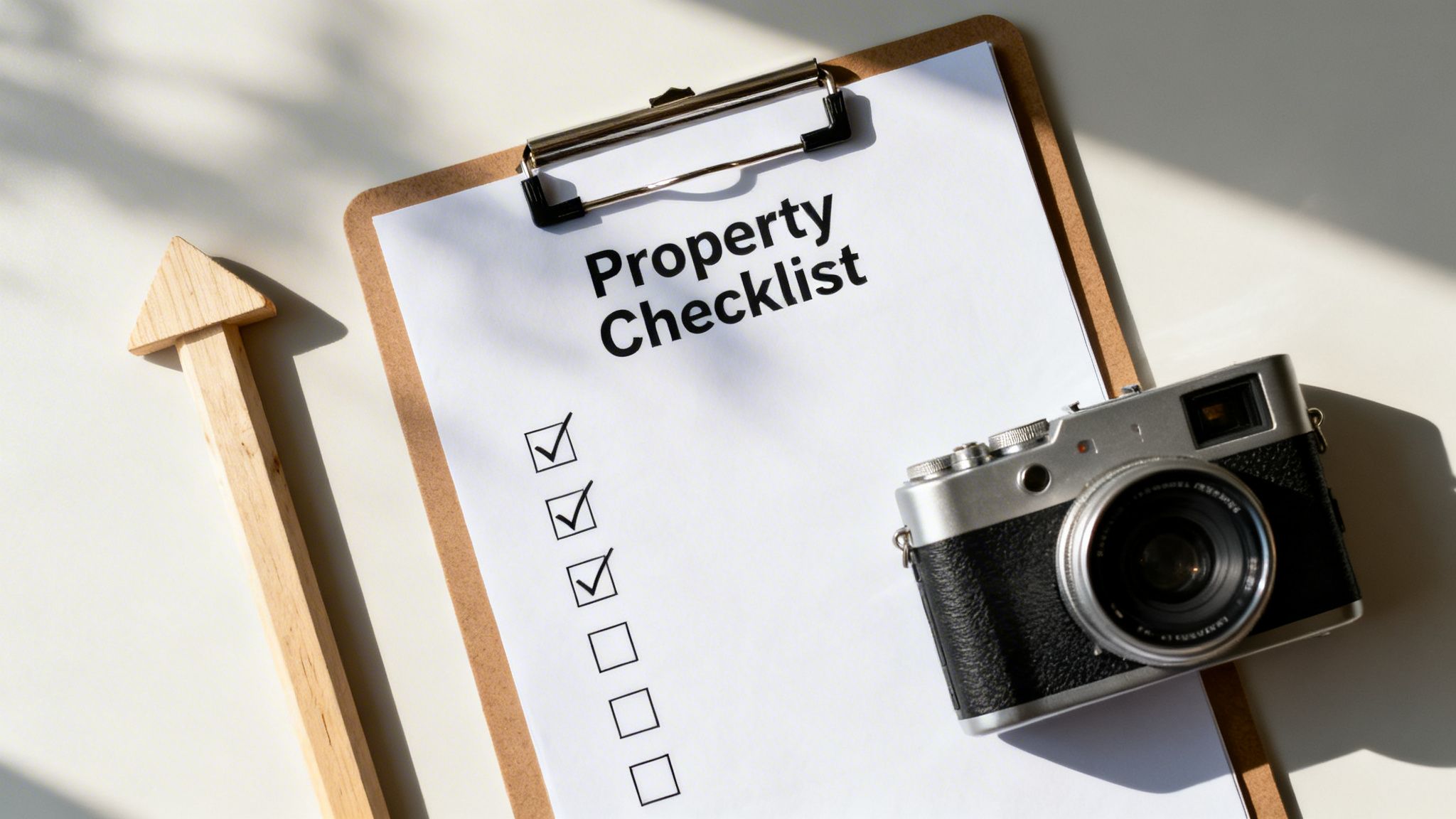 Property checklist on clipboard with three checkmarks, a wooden arrow pointing up, and a vintage camera.