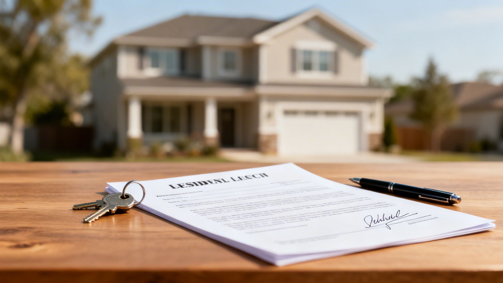 Keys, a pen, and a signed real estate document on a wooden table with a house in the background.