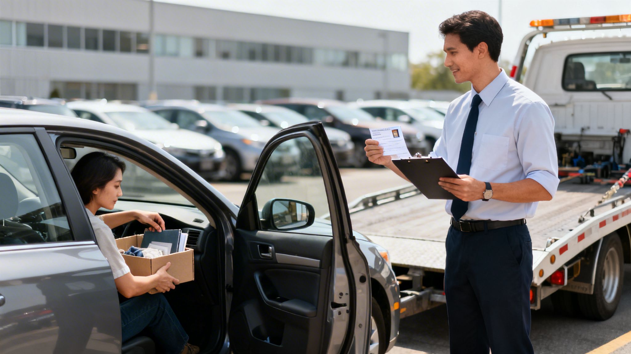 A woman retrieves belongings from her car while a tow truck driver holds documents in a parking lot.