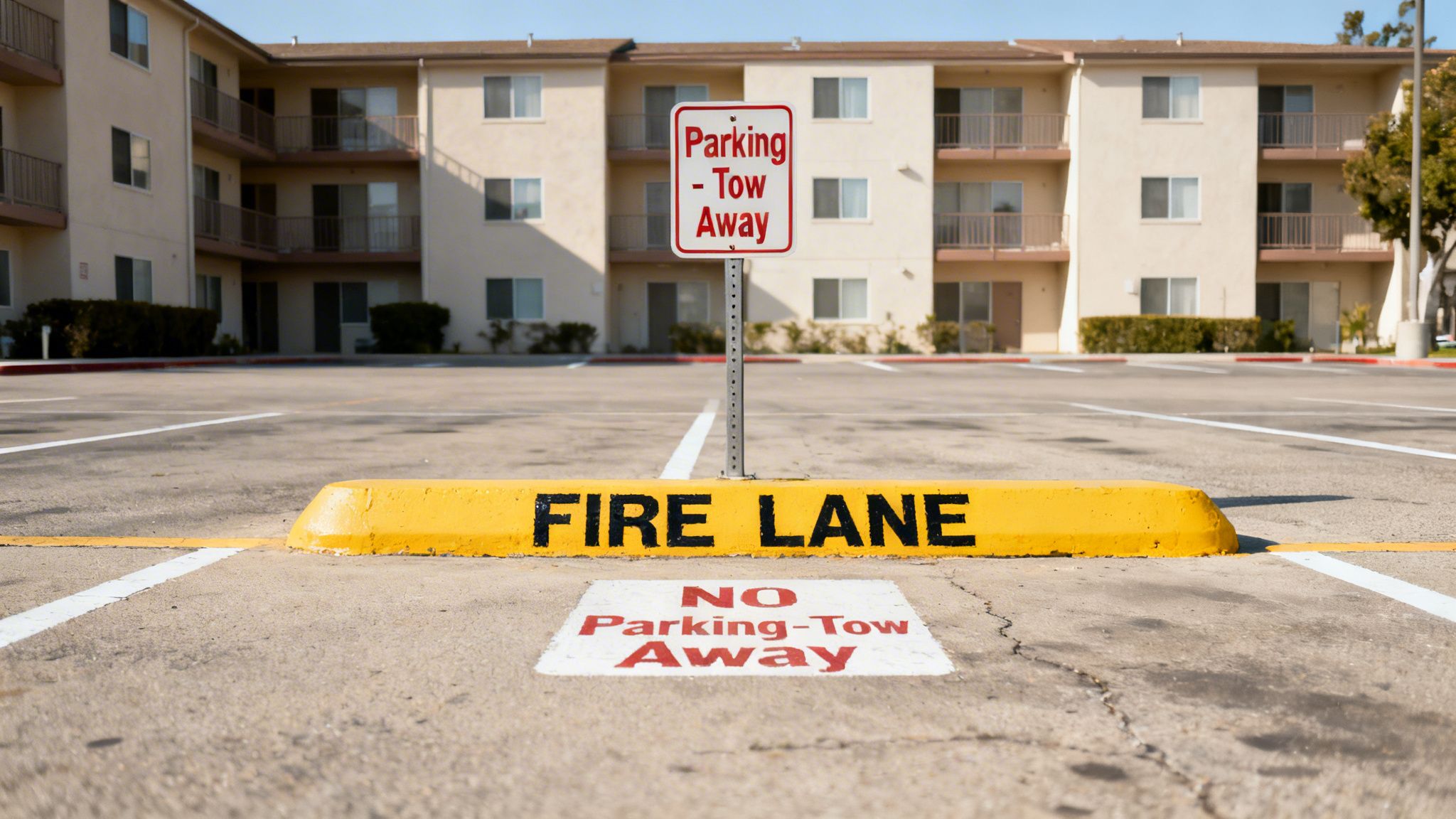 A yellow fire lane curb with a 'Parking - Tow Away' sign in front of an apartment complex.