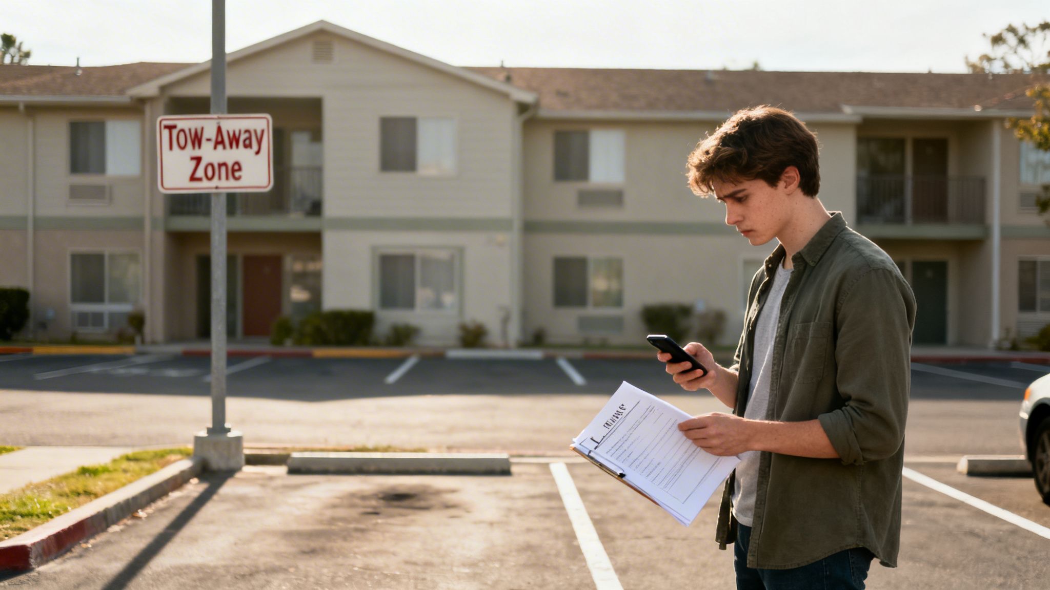 Young man looks at his phone and papers in a parking lot with a 'Tow-Away Zone' sign.