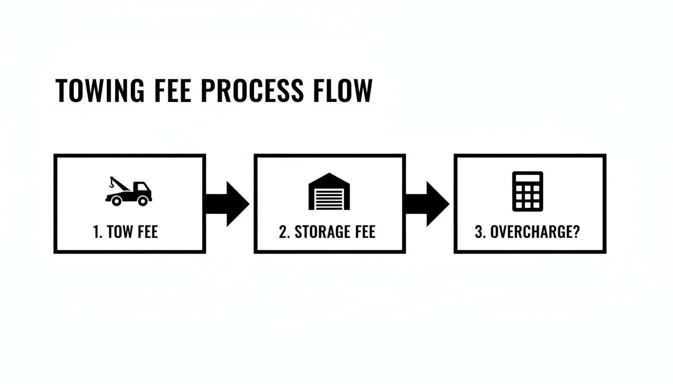 A flowchart outlining the towing fee process, including tow fee, storage fee, and potential overcharge.