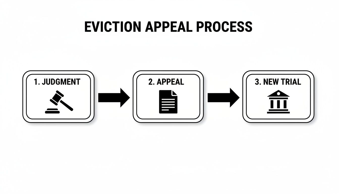 A flowchart showing the Eviction Appeal Process: 1. Judgment, 2. Appeal, 3. New Trial.