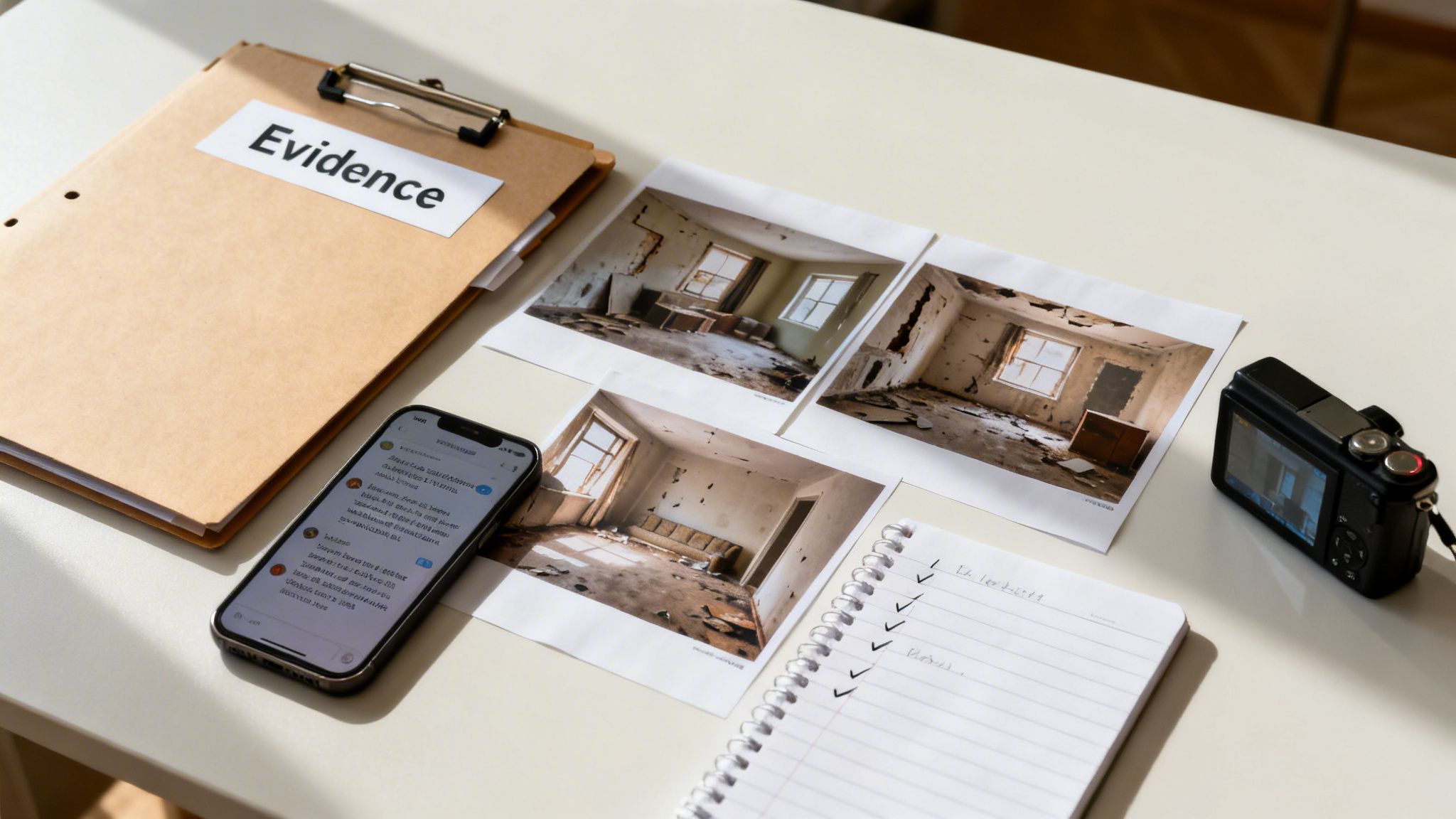 A desk scene with a clipboard labeled 'Evidence', photos of damaged rooms, smartphone, and camera.