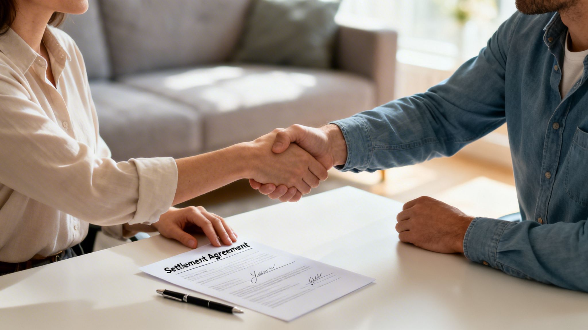 Two people shake hands over a signed settlement agreement document on a table, signifying a legal resolution.
