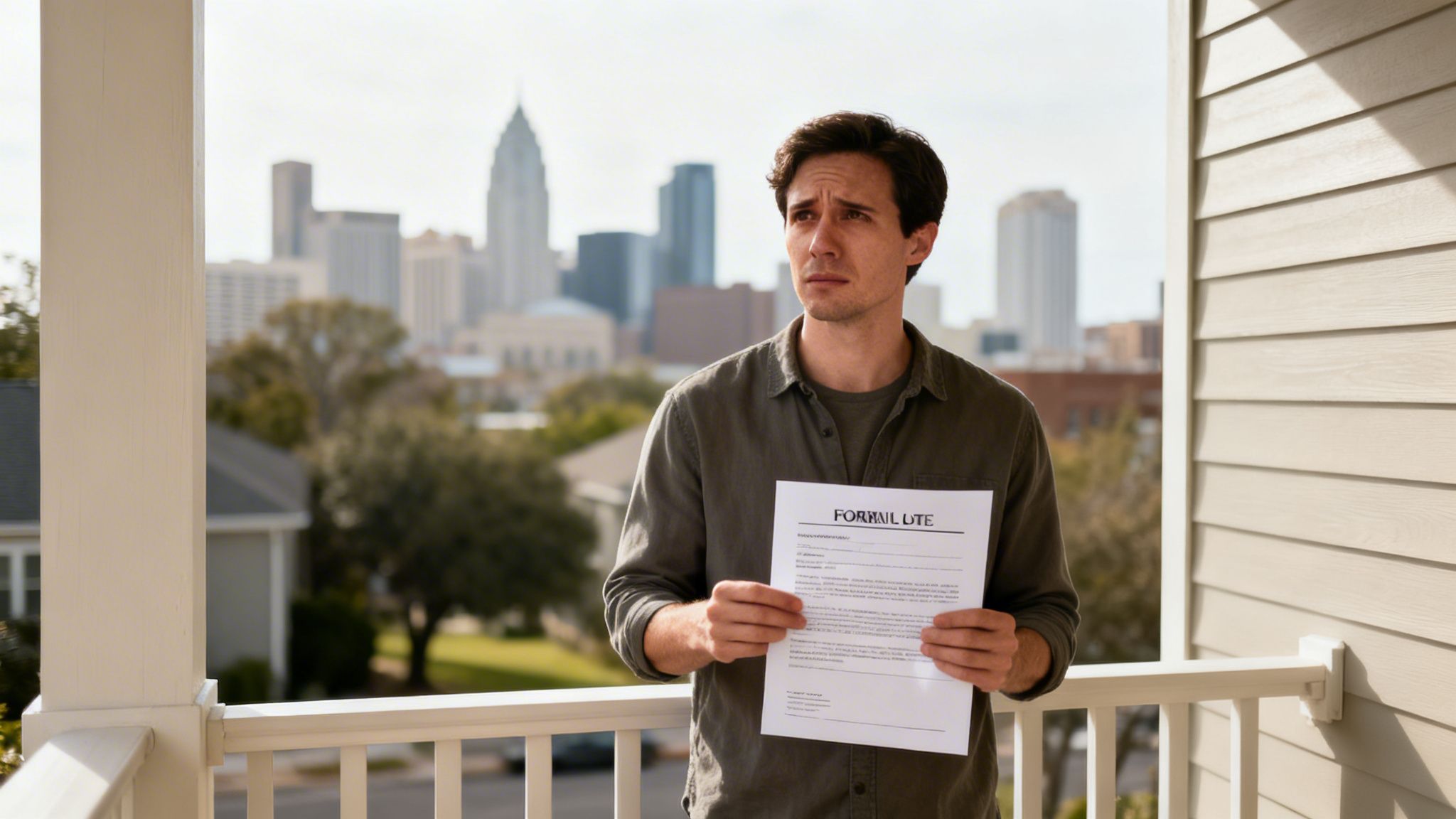 A worried man holds a formal document on a porch, with a city skyline in the background.