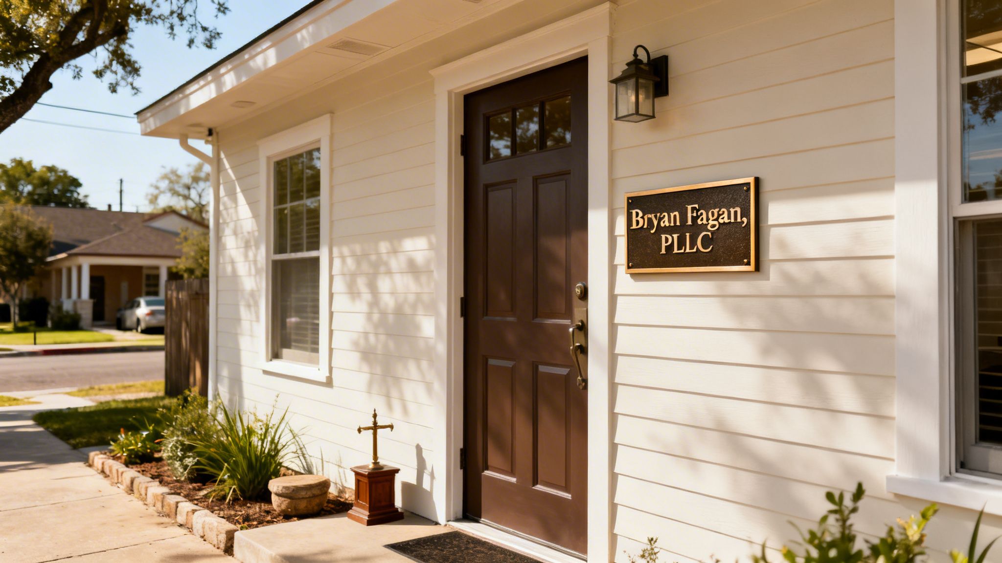 Exterior view of a cream-colored building with a brown door and a business sign reading 'Bryan Fagan, PLLC'.