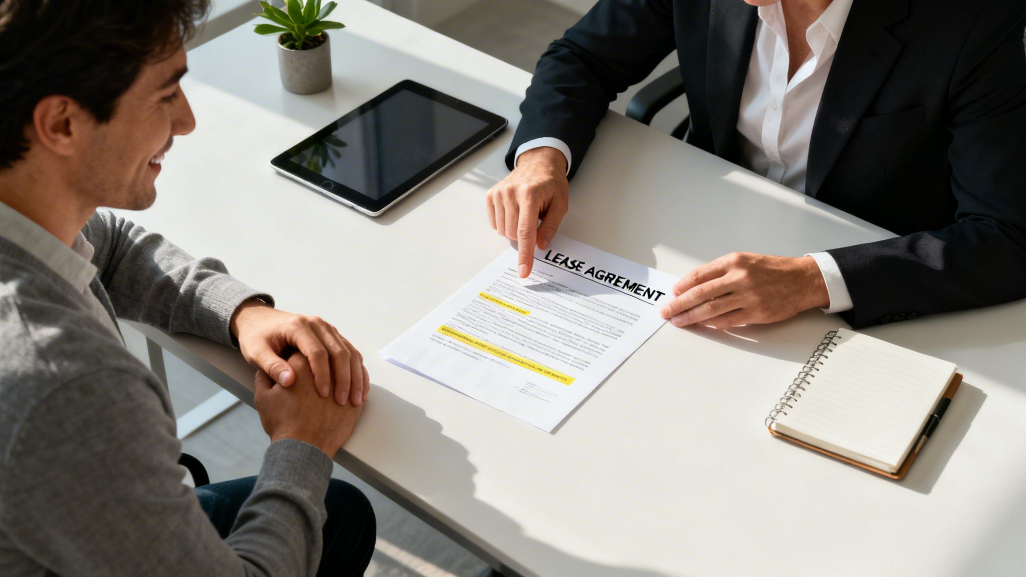 A lawyer points to important sections of a lease agreement for a smiling client at a white table.