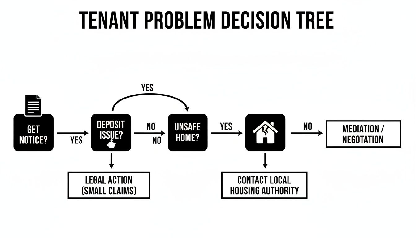 A flow chart illustrating a tenant problem decision tree, guiding actions based on issues like notice, deposit, or home safety.