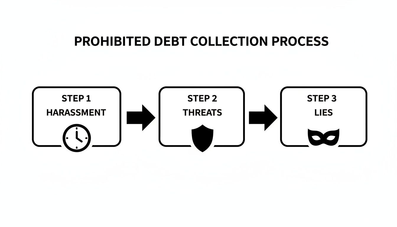 A flowchart illustrating the prohibited steps in debt collection: harassment, threats, and lies.
