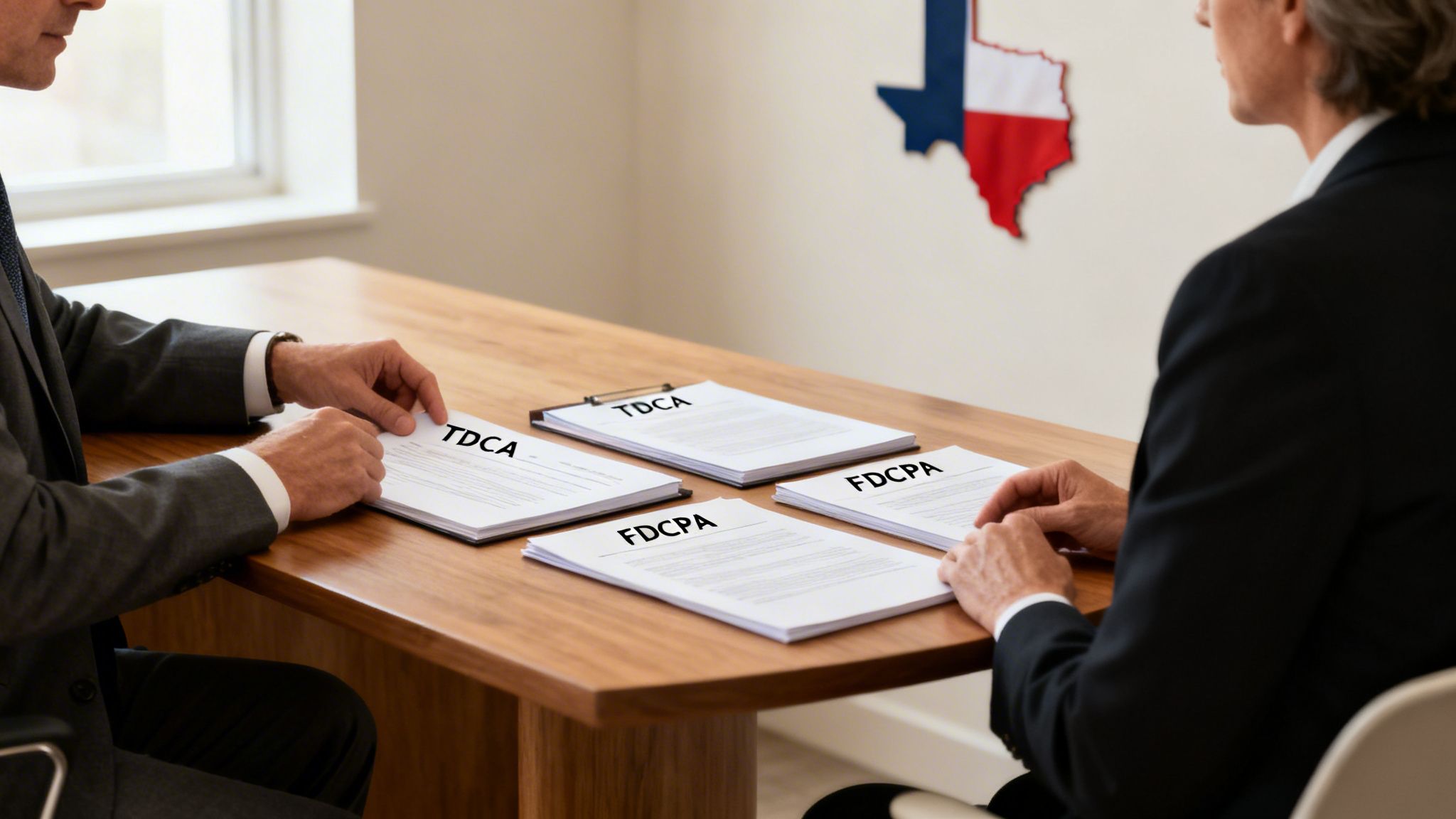 Two men discuss documents labeled TDCA and FDCPA at a table with a Texas map on the wall.