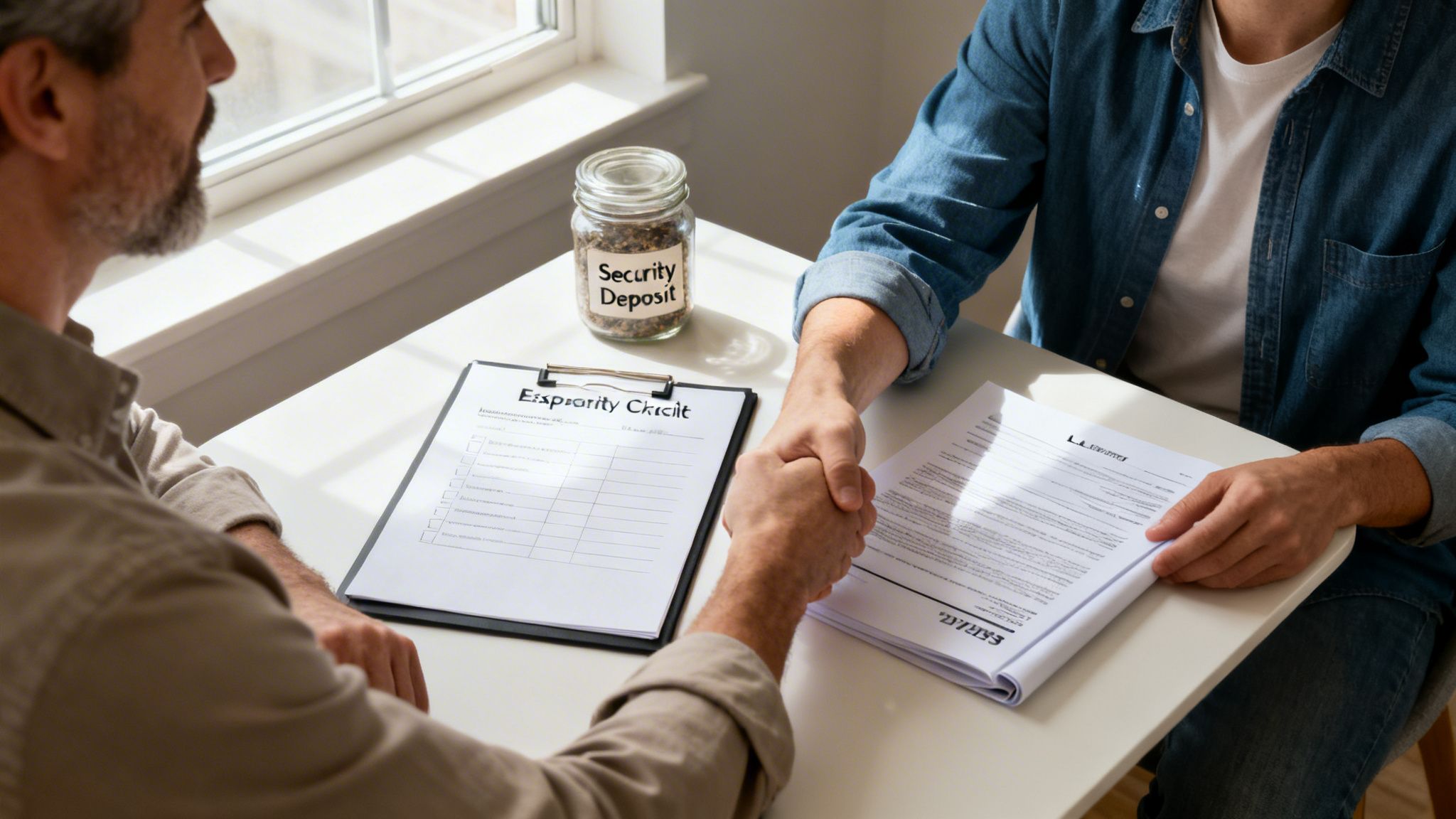 Two men shake hands across a table with a security deposit jar and important documents.
