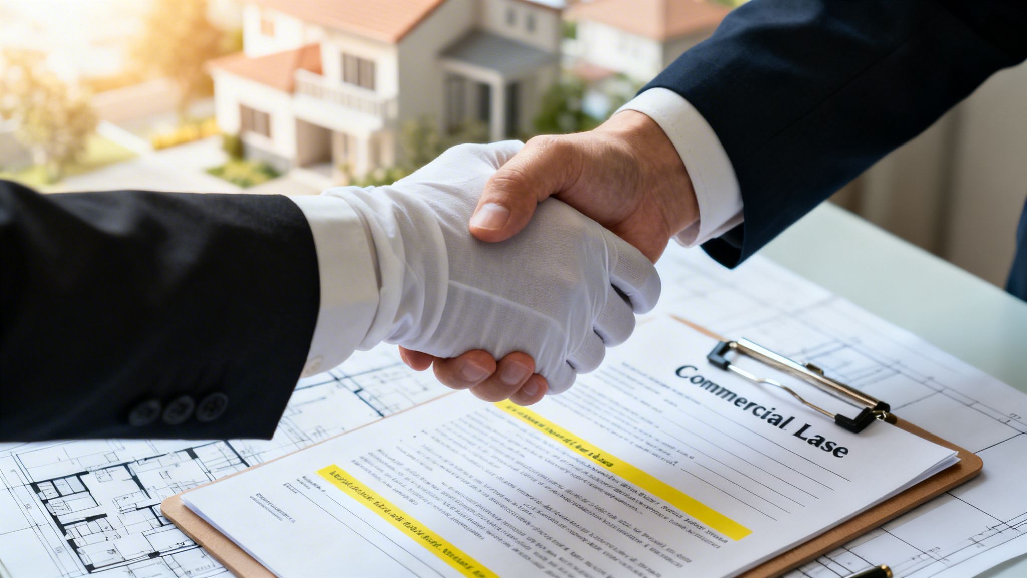 Two business partners shaking hands over a commercial lease document with a house model in the background.