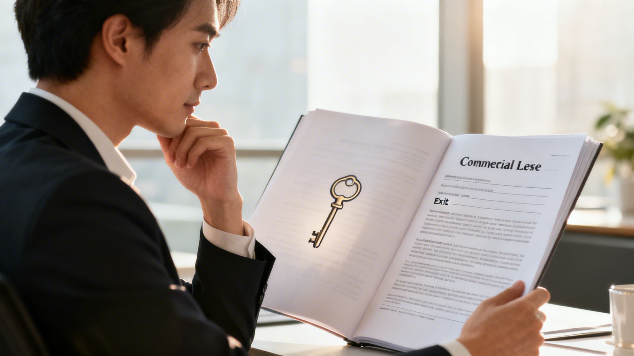 A professional man in a suit reading a book with a key illustration about commercial lease exit.