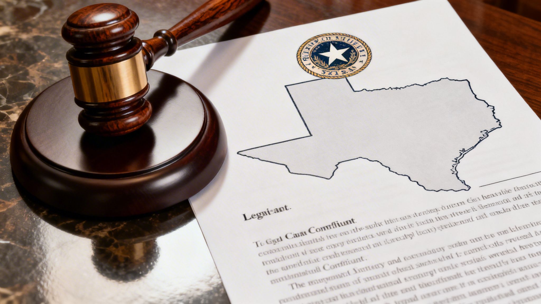 A wooden gavel resting on a table next to a document containing a map of Texas