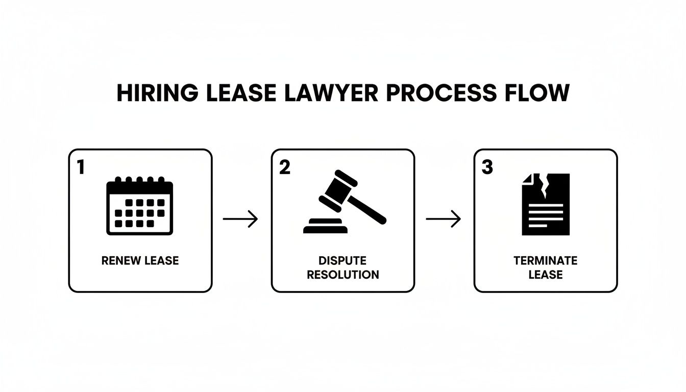 Flowchart showing three steps for hiring a lease lawyer: renew, dispute resolution, and terminate lease.