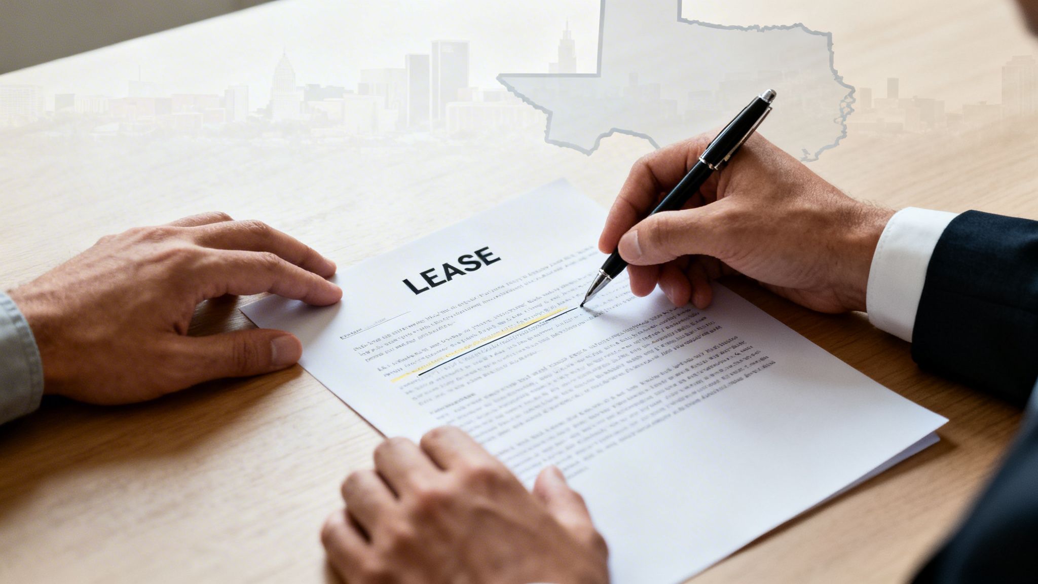 Hands signing a commercial lease agreement document with a pen, with a blurred Texas map and city skyline in the background.