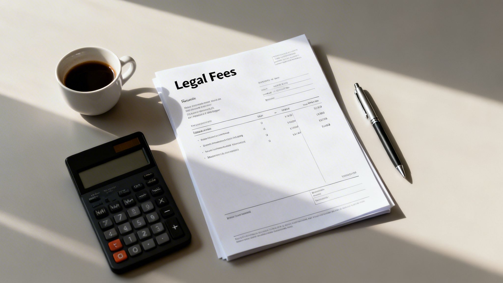 A document titled 'Legal Fees' on a desk with a coffee cup, calculator, and pen.