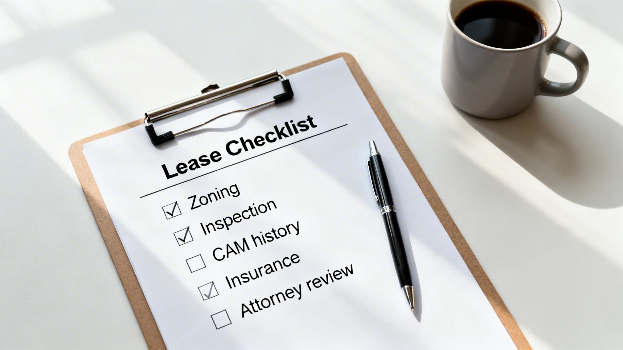 A Lease Checklist on a clipboard with items like Zoning, Inspection, and Insurance checked off, next to a pen and coffee.