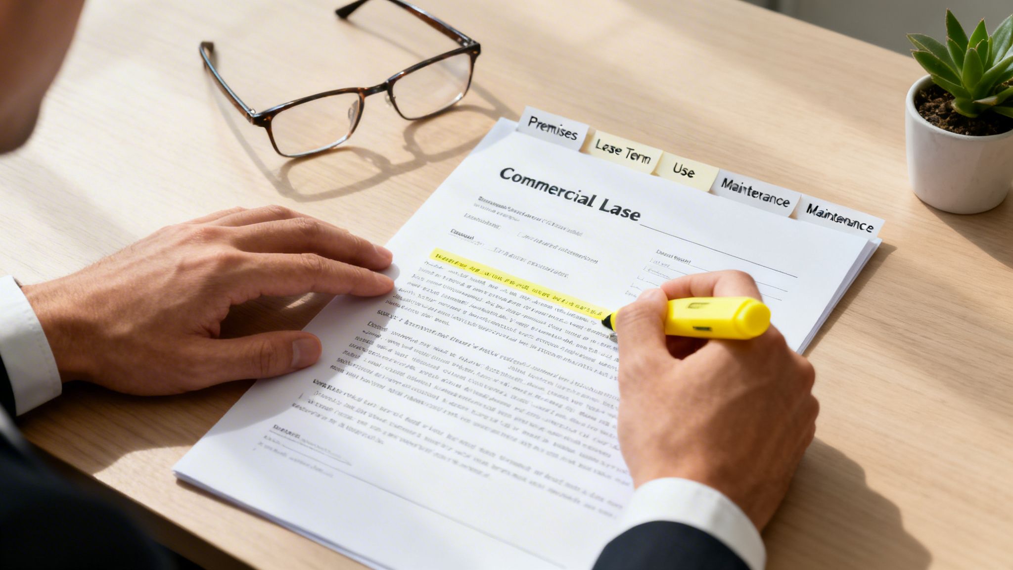 A person reviews a commercial lease document, highlighting sections with a yellow marker on a wooden desk.